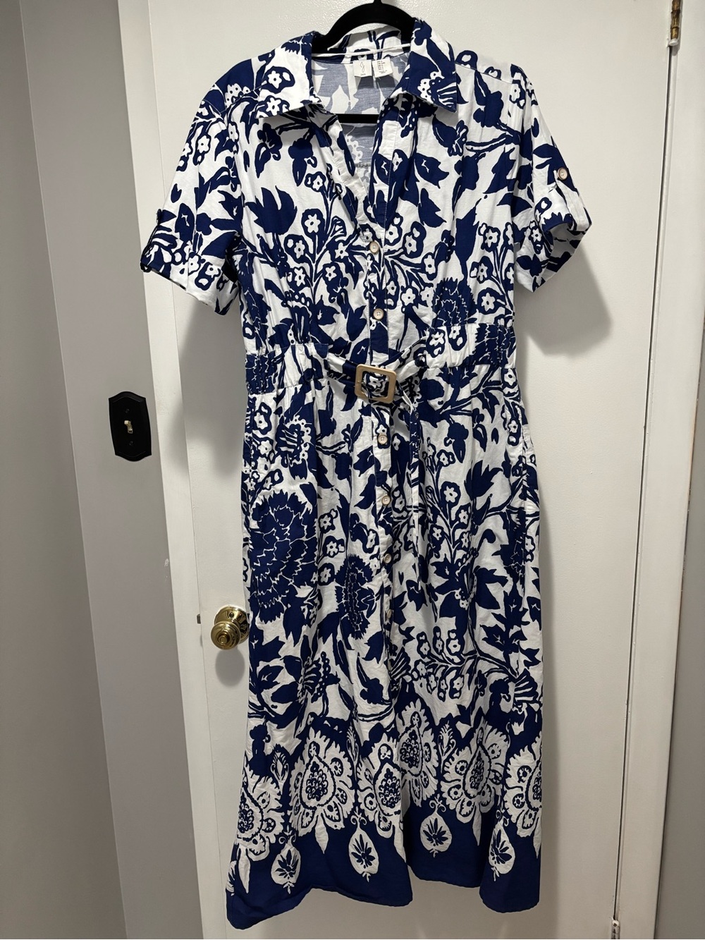 Joie Blue and White Floral Cotton Midi Shirt Dress Large